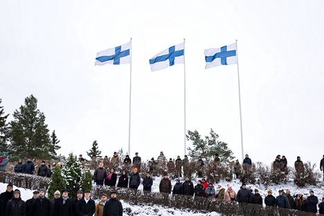 Suomen liput liehuivat seppeleseremoniaa seuraamaan saapuneiden kansalaisten yllä.