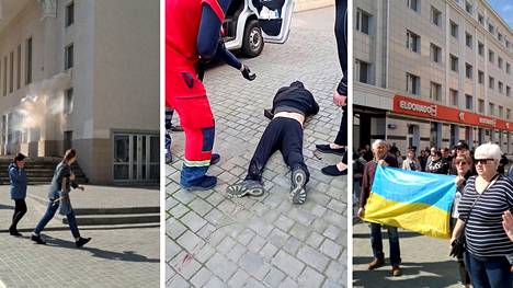 Kyynelkaasua (vas.), loukkaantunut mielenosoittaja sekä Ukrainan-mielisiä marssijoita Ukrainan Hersonissa. Kaikki kuvat ovat keskiviikolta, jolloin Hersonissa järjestettiin mielenosoitus Venäjän miehitysvaltaa vastaan.