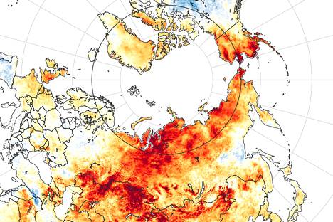 Kartan punaiset alueet olivat maaliskuun ja kesäkuun lopun välisenä aikana vuosien 2003–2018 keskiarvoa lämpimämpiä. Siniset alueet olivat puolestaan iileämpiä. 