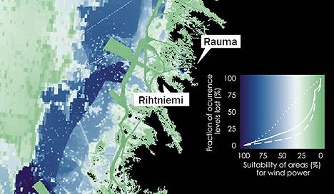 Rajaus tutkimuksessa laaditusta kartasta, josta erottuvat U:gin ulkovesien laaja tuulivoimalle soveltuva alue, mutta myös Rihtniemen länsipuolen ja Rauman saariston alueet.