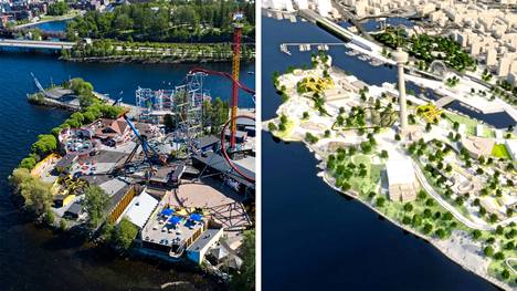 Särkänniemen asemakaavan muutoksessa mahdollistetaan uuden rantakaupunginosan rakentaminen ja alueen liittäminen nykyistä paremmin Tampereen  keskustaan. Vasemmassa kuvassa Särkänniemen alue on kuvattu 11. kesäkuuta 2020. Oikeassa kuvassa havainnekuva suunnitelmista.
