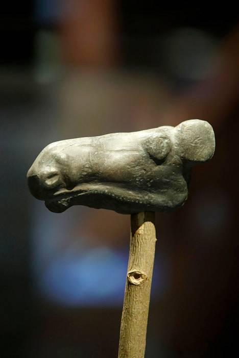 Satakunnan Museon kokoelmat ovat tarjonneet inspiraation nykytaiteilijoille huhtikuussa avautuvassa näyttelyssä. Kuvassa museossa esillä oleva kopio esihistoriallisesta kiviveistoksesta, joka tunnetaan Huittisten hirvenpäänä.