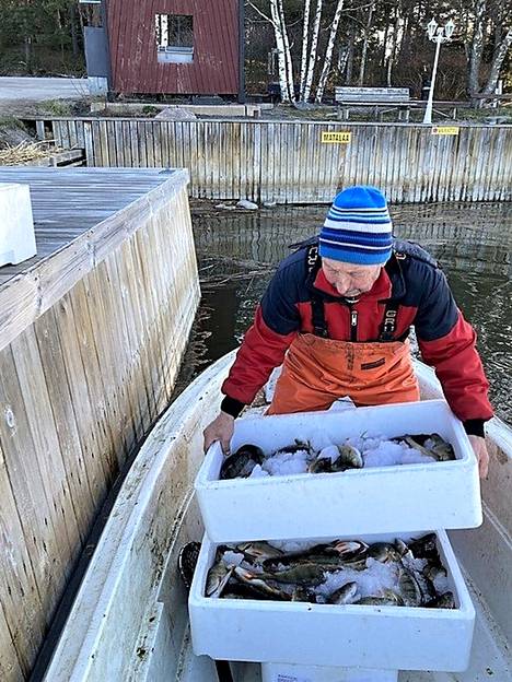 Kalastaja Raimo Lehtimaan on hankala nostaa kalalaatikoita pienestä veneestä lastauslaiturille varsinkin matalan veden aikaan. 