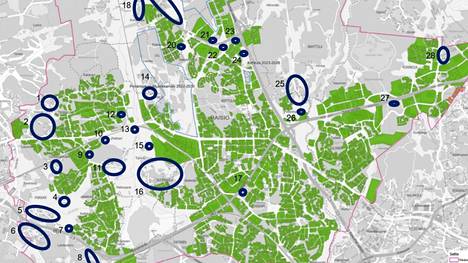 Kuvaan on merkitty sinisellä ympyrällä ne alueet, jonne ely-keskus haluaa Raision laajentavan vesihuollon toiminta-aluettaan.