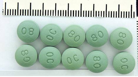 Poliisin takavarikoimia Oxycontin 80mg -tabletteja. 