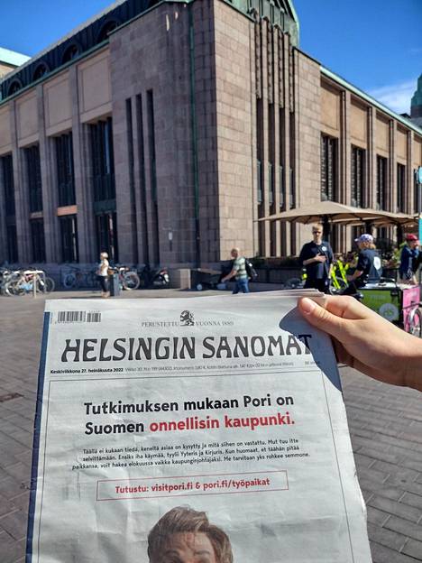 Myös Helsingissä on huomattu porilaisten mainoskampanja. Lukija Helsingistä lähetti kuvan.