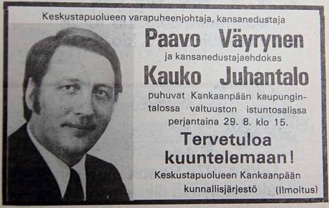 Taistelijapari Väyrynen-Juhantalo piti vaalitilaisuuden Kankaanpäässä vuonna 1975.
