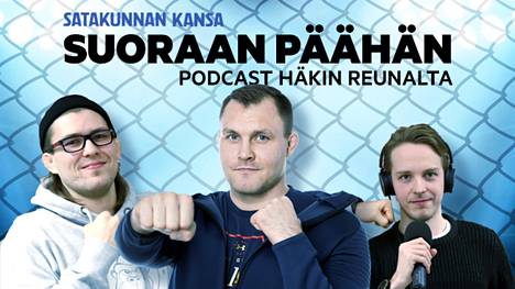 Jesse Urholin (vas.), Toni Aaltonen ja Eetu Lehtinen keskustelevat vapaaottelusta Satakunnan Kansan Suoraan päähän -podcastissa.