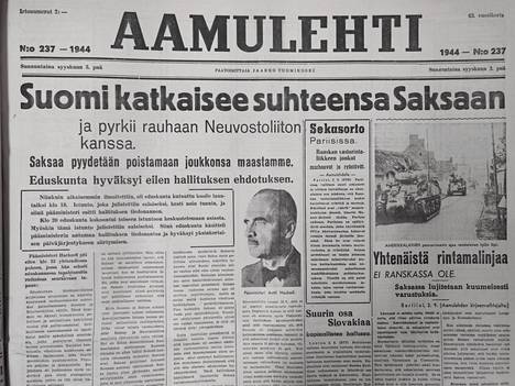 Suomi irtautui sodasta syyskuun ensimmäisellä viikolla 1944. Aamulehti kertoi muuttuneesta tilanteesta etusivullaan 3. syyskuuta.