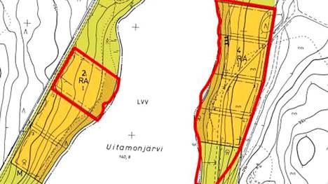 Ranta-asemakaava-aluetta Uitamonjärven pohjoispojhjukassa Multialla. Kartalla vihreällä ja punaisella ympäröitynä alueet, joita kaavan osittainen kumoamishanke koskee. Kuvakaappaus hankkeen kaavaselostuksesta.