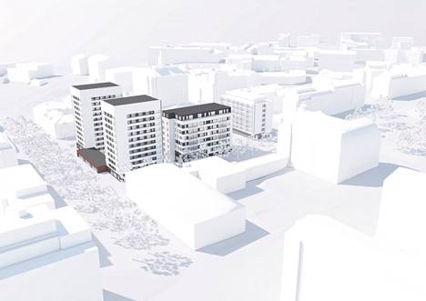 Tampereen Kyttälän Rongantornien tontille on suunnitteilla kahdeksankerroksinen asuintalo. Edessä vasemmalla Rongankatu. Uudisrakennus tulee Tuomiokirkonkadun varteen.