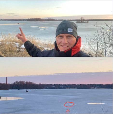 Kansanedustaja Petri Huru julkaisi Facebookissaan kuvat paikalta, jossa hän vajosi jään läpi sunnuntaina.