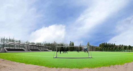 Havainnekuva jalkapallostadionista. Taustalla näkyy Kauppi Sports Center. 
