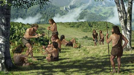 Tuore tutkimus viittaa siihen, että neandertalinihmisten yhteisöissä naiset liikkuivat enemmän ryhmästä toiseen. Taiteilijan näkemys. 