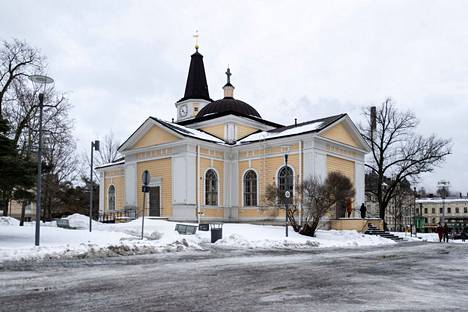 Tampereen Keskustorin vanhan kirkko kuvattiin helmikuussa 2022.