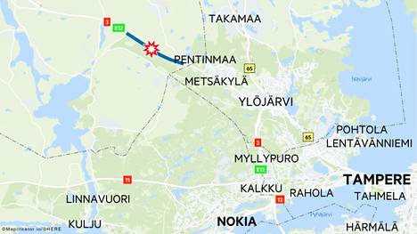 Onnettomuuspaikka sijaitsee Kolmostiellä Hämeenkyrössä Pentinmaantien ja Sasin välisellä osuudella.
