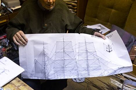 Piirustuksesta näkee, miten valtava on purjelaivan pienoismallin rakentajan työmäärä pelkästään köysistöjen tekemisessä.