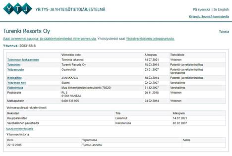 Kaupparekisterin tietojen mukaan Turenki Resorts Oy on poistettu kaupparekisteristä 14.7.2021.