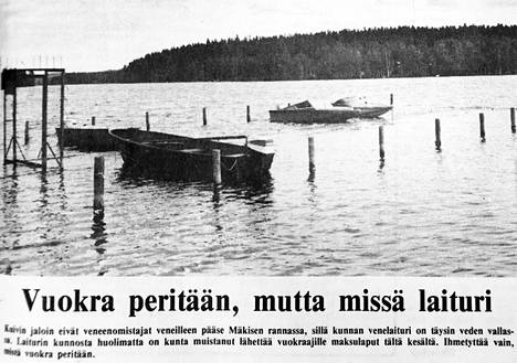 Suur-Keuruun Sanomat kertoi 12.6.1982 Mäkisen rannan venelaiturin ”vesivahingosta”.