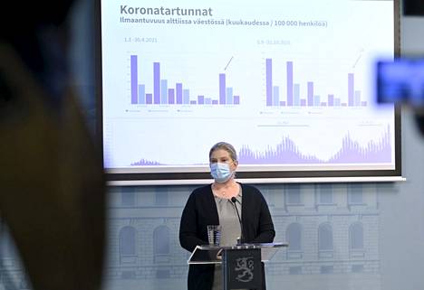 Johtava asiantuntija Mia Kontio Terveyden ja hyvinvoinnin laitoskelta kertoi Suomen koronavirustilanteesta torstaina 25. marraskuuta järjestetyssä tiedotustilaisuudessa. 