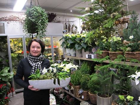 Kukkakauppias Riina Niiranen luottaa luonnolliseen tyylikkyyteen. Asetelmassa on jouluruusuja ja saniaista.