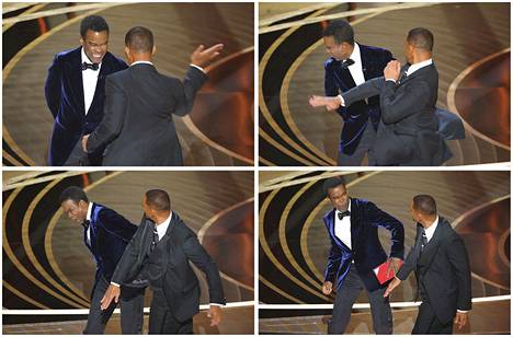 Uutistoimisto Reutersin kokoamassa kuvasarjassa Oscar-lavalla palkintojuontoa pitänyt  Chris Rock (vas.) näyttäisi saavan avokkaan naamalleen näyttelijä Will Smithiltä. 