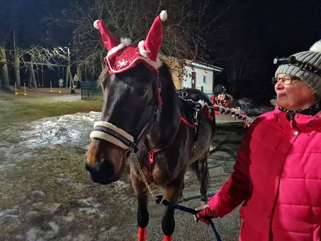 Mira Tuomimaa ja Jere-hevonen ajeluttivat lapsia Suodenniemen päiväkodilla. Jerellä oli yllään jouluasu.