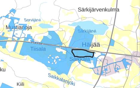 Sinisellä merkityt alueet omistaa Sastamalan kaupunki. Mustalla viivalla rajattu alue on Porintien varsi Herkkujuustolan ja Tiisalantien välissä.