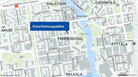Onnettomuus tapahtui Tampereen keskustassa Aleksis Kiven kadun ja Puutarhakadun risteyksessä.
