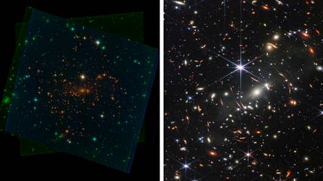 Vertailu näyttää, miten paljon tarkempi teleskooppi Webb (kuva oikealla) on kuin sen edeltäjä, avaruusteleskooppi Hubble (kuva vasemmalla).
