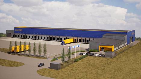 Havainnekuva näyttää, miltä uusi logistiikkakeskus näyttää sen valmistuessaan Tampere-Pirkkalan lentokentän kupeeseen. 