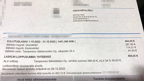 Tampereen sähkölaitoksen uusilla hinnoilla omakotitalon asukas sai lokakuun kulutuksella 500 euron laskun.