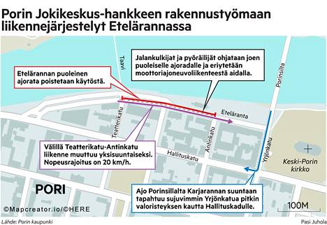 Jokikeskuksen toisen vaiheen rakennustyöt muuttavat liikennejärjestelyjä Porin Etelärannassa.