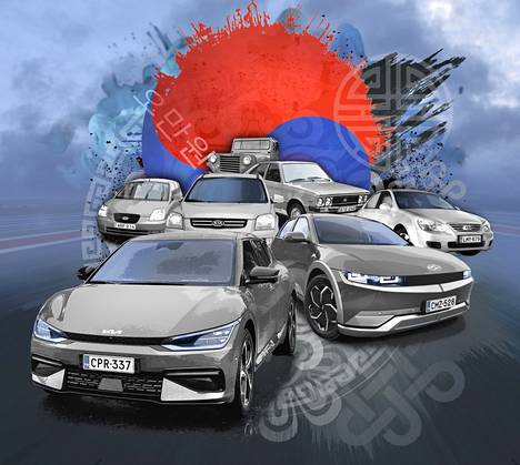 Korealaisia autoja kautta aikain: Takana Sibal, Hyundai Pony, Kia Picanto, Kia Sportage, Kia Cerato. Edessä Kia EV6 ja Hyundai Ioniq 5.