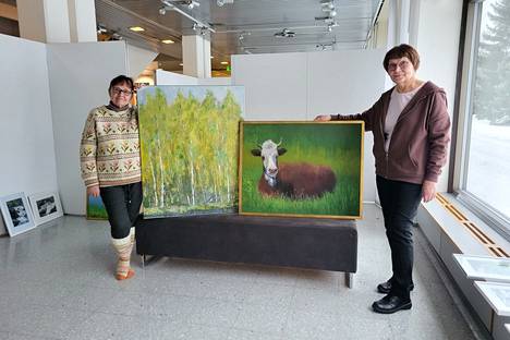 Hilkka Pirisen, oik,  maalaama ensimmäinen lehmätaulu, Leena Ahdin koivikko on samasta ympäristöstä kuin lehmän niitty Vilppulassa. Teosparista syntyy mielikuva siitä, kuinka lehmä on saapunut koivikosta märehtimään niitylle.
