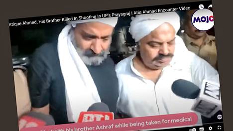  Atiq Ahmed (oik) ja hänen veljensä Ashraf puhuivat toimittajille hetkeä ennen ampumista. Ruutukaappaus Youtube-videolta.