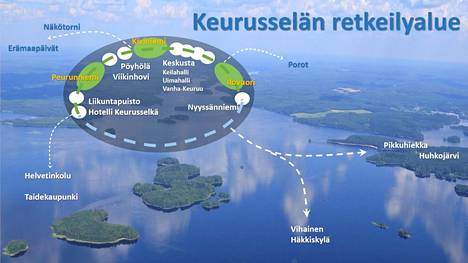 Keurusselän rannoille suunniteltu retkeilyalue voisi ulottua Peurunniemestä aina Kiviniemeen asti. Ympäristössä on jo retkeilijöille tarjolla monenlaisia palveluja ja lisää on määrä ideoida.