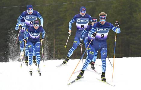 Iivo Niskanen (vas. takana, 8), Kerttu Niskanen (2), Ristomatti Hakola (6), Krista Pärmäkoski (4) ja Joni Mäki (9) valmistautuvat olympialaisiin.