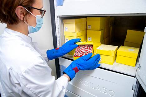 Kliinisen mikrobiologian erikoislääkäri Minna Paloniemi ja pakastin, jossa koronavirusnäytteitä säilytetään.