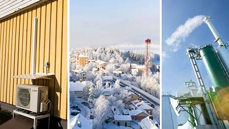 Monen pientaloasujan lämmityslasku moninkertaistuu ensi talvena viime talveen verrattuna. Kuva Tampereen Pispalasta helmikuulta 2021. Tarastenjärven hyötyvoimalaitoksella (oikealla) tuotetaan kaukolämpöä ja sähköä.