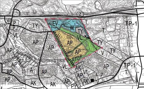 Kaavaehdotuksen kartta. AP tarkoittaa pientalovaltaista asuntoaluetta, EV suojaviheraluetta, W vesialuetta, VL lähivirkistysaluetta ja TY teollisuusaluetta. 