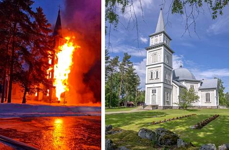 Rautjärven puurakenteinen kirkko palaa ilmiliekeillä. Oikealla kirkko kesäkuussa. 