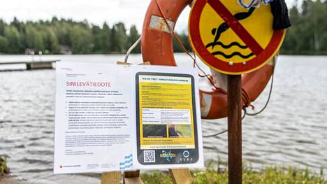 Tampereen Olkahisten uimarannalla oli tiistaina 6. heinäkuuta sinilevän tunnistamisessa auttavia kylttejä. Paljain silmin havaittavaa levää rannalla ei näkynyt.