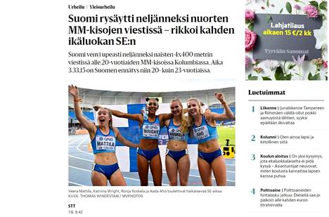 Suomen naisten viestijoukkue oli jopa lähellä mitalia nuorten MM-finaalissa Kolumbiassa. Helsingin Sanomat julkaisi kuvan iloisista juoksijoista mahtavan tuloksen jälkeen.
