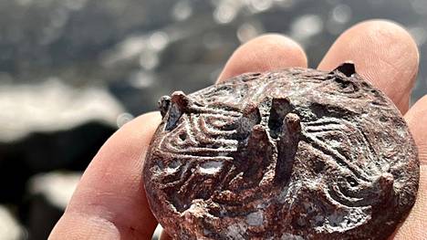 Tässä se on: Laukon rantavedestä perjantaina löytynyt viikinkiaikainen naisten rintakoru, pronssinen kupurasolki.