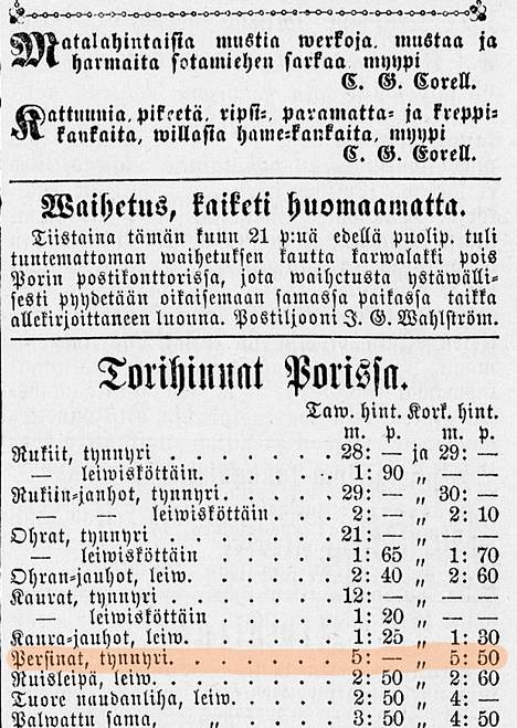 Porin torilla myytiin lehti-ilmoituksen mukaan persinoita helmikuussa 1873.
