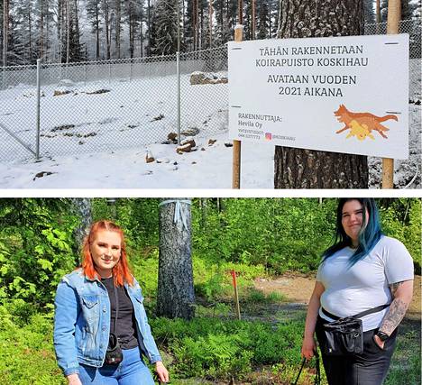 Koirapuisto Koskihaun yrittäjät Henriikka Leuhtonen jaa Olivia Viitikko kertoivat suunnitelmistaan Kerhomajan metsän reunassa viime kesänä. Kuva alueelta on viime joulukuulta. Nyt rakennustyöt ovat valmistuneet ja tulevana viikonloppuna puisto päästä  avaamaan.