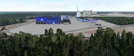 Uusi synteettistä metaania vihreän vedyn avulla valmistava tuotantolaitos (siniset rakennukset) rakennetaan Tarastenjärven kiertotalousalueelle Tammervoiman hyötyvoimalaitoksen (takana) vieressä sijaitsevalle tontille.