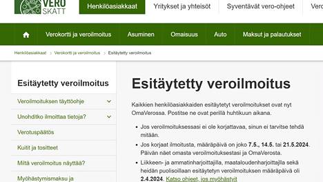 Kuvakaappaus Verohallinnon verkkosivulta, jolla kerrotaan henkilöasiakkaan esitäytetyn veroilmoituksen määräpäivistä.