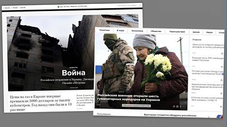 Kuvakaappaus Meduza- ja Ria Novostin uutissivustoilta 7.3. kello 11. Riippumaton Meduza otsikoi pommituskuvansa: Sota. Valtio-omisteisen Ria Novostin kuvan otsikkona on: Venäjä avaa kuusi humanitaarista käytävää Ukrainassa.